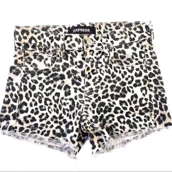 Express Shortie Leopard Denim Shorts - Picture 2 of 7